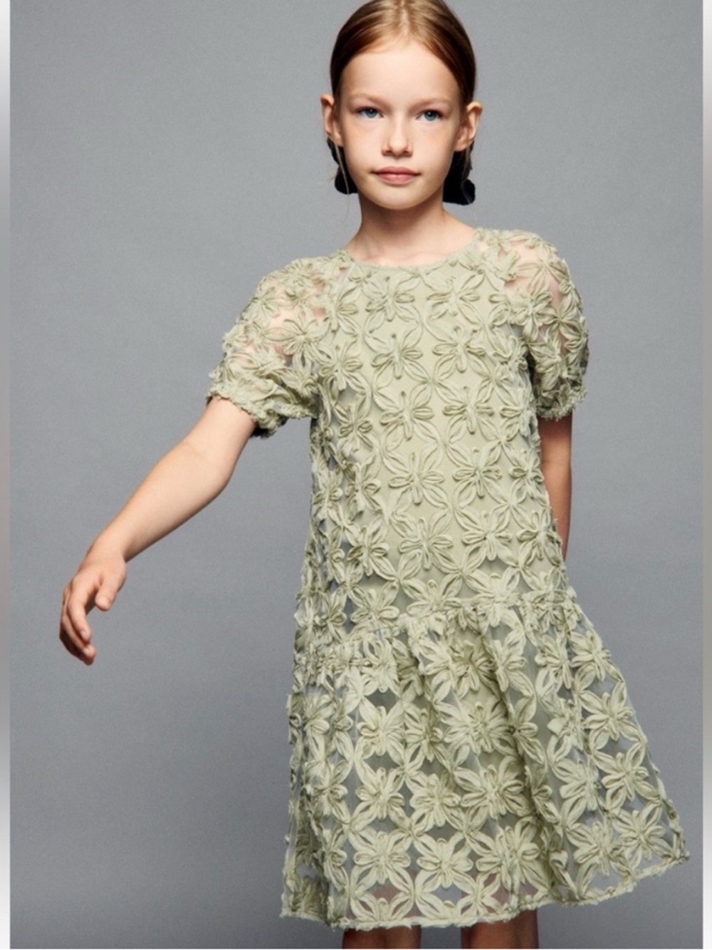 Zara Girls Sage Green Textured Floral Dress Girls Size 10